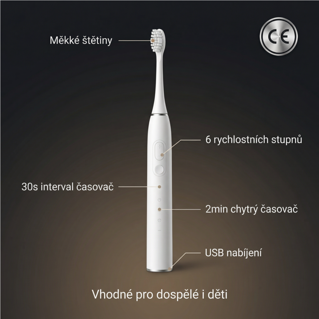 Popis produktu — ZayaCare Sonický elektrický kartáček — 6 rychlostí, měkké štětiny