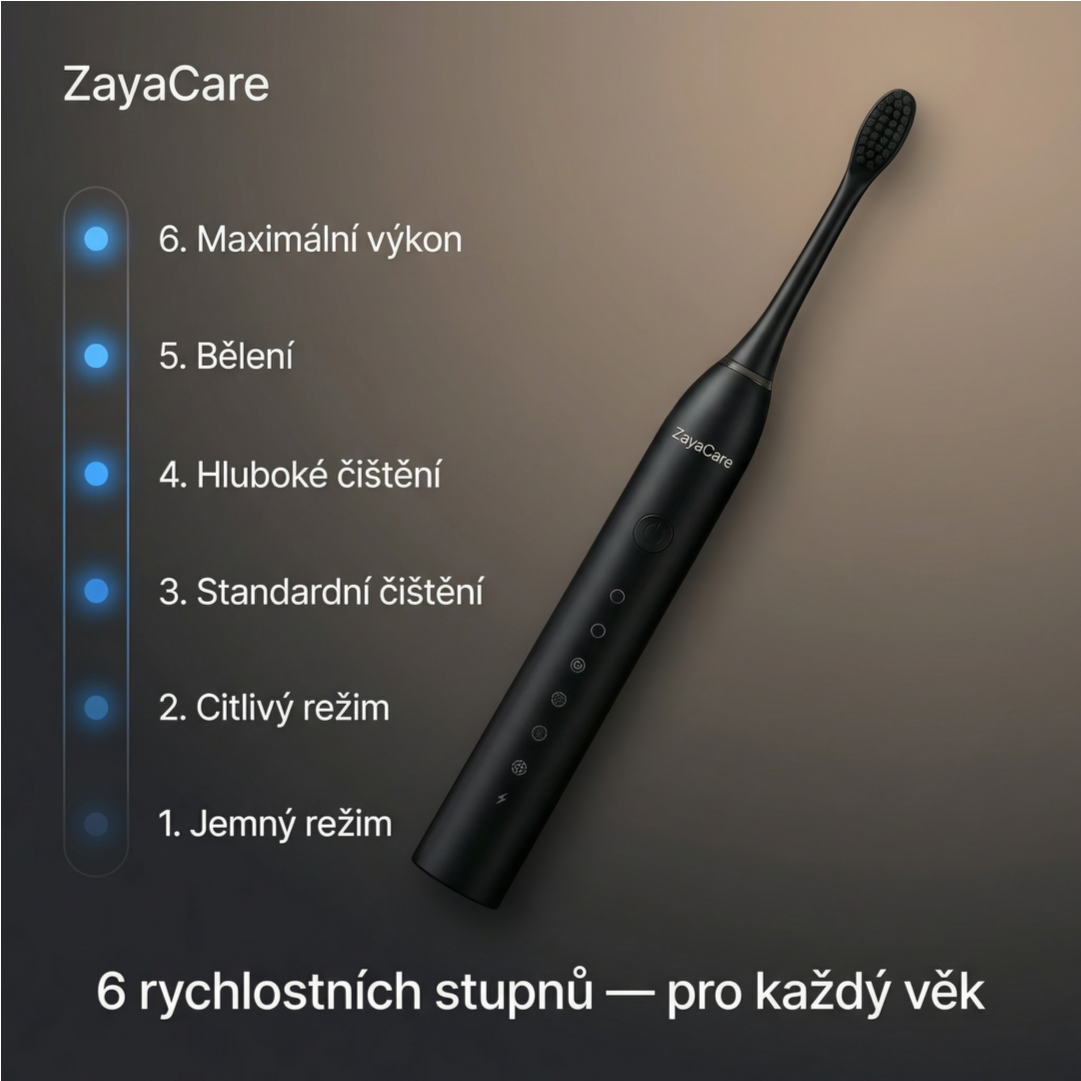 Popis produktu — ZayaCare Sonický elektrický kartáček — 6 rychlostí, měkké štětiny