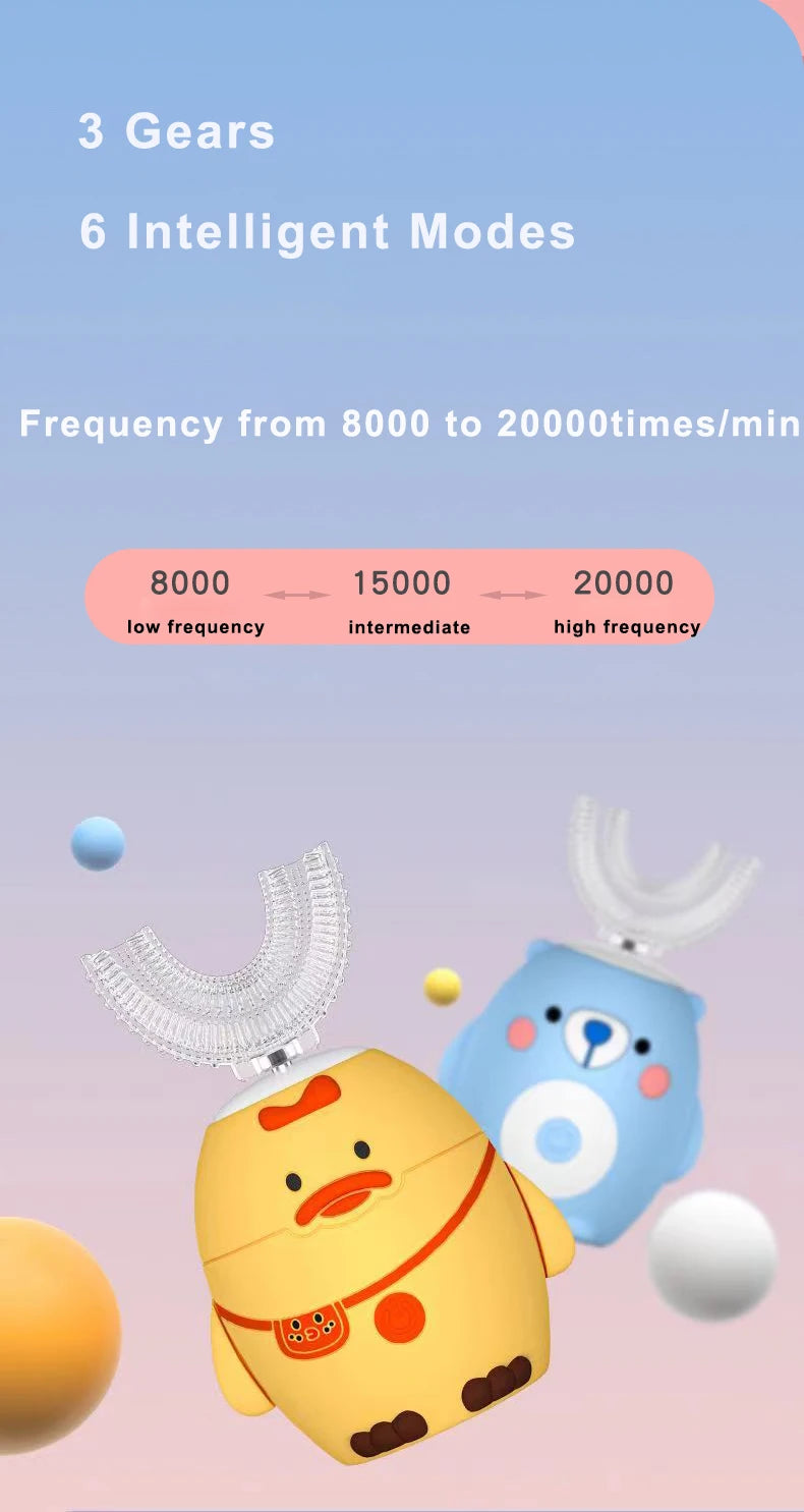 360° Sonic Electric Toothbrush for Kids Children U Shape Automatic Silicone Tooth Brush Smart Timer Rechargeable Blue Light IPX7