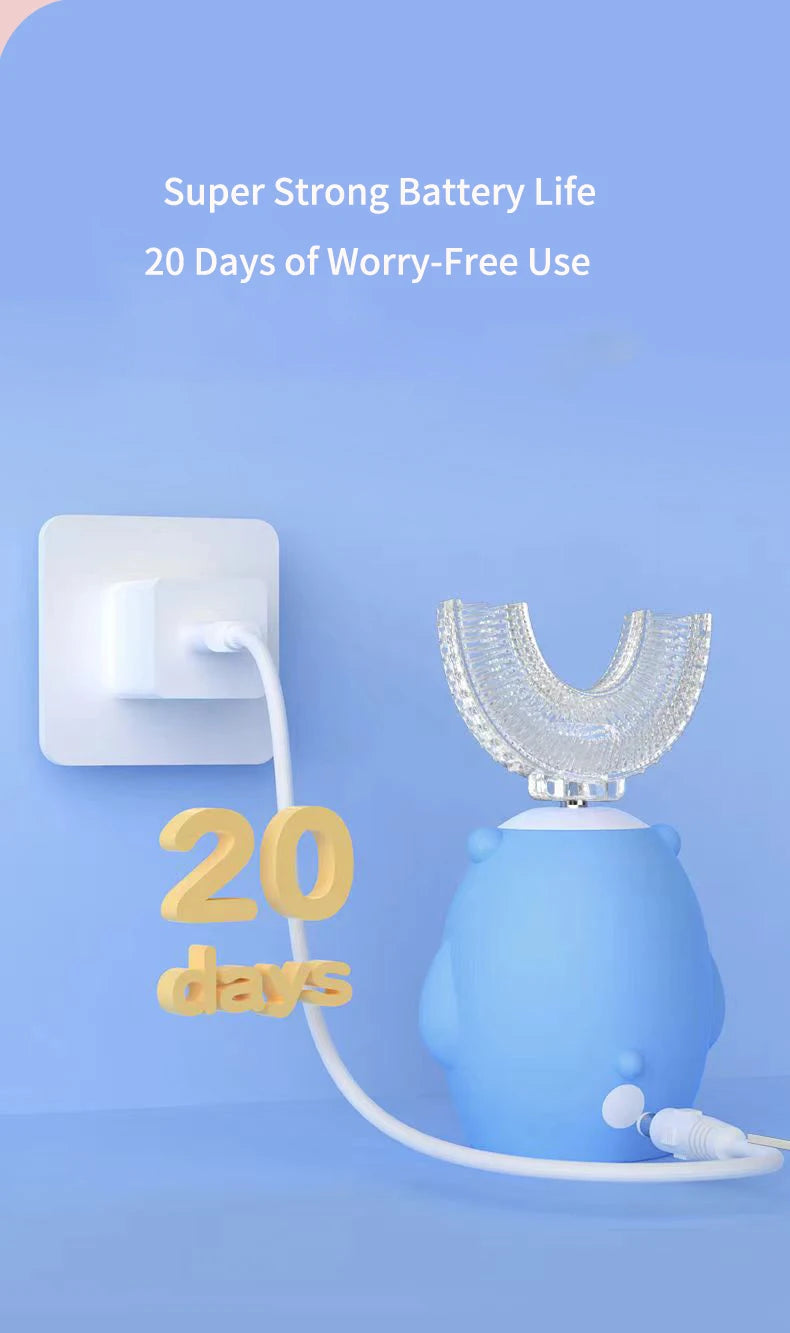 360° Sonic Electric Toothbrush for Kids Children U Shape Automatic Silicone Tooth Brush Smart Timer Rechargeable Blue Light IPX7